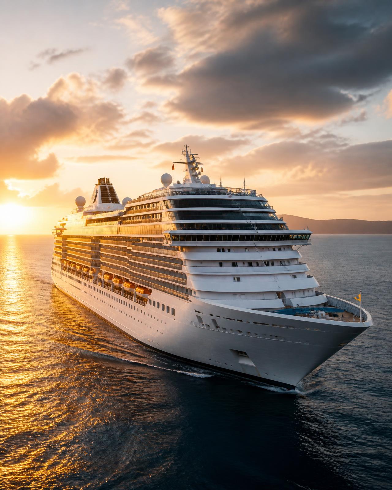 Luxury cruise ship sailing at golden hour on a calm open sea